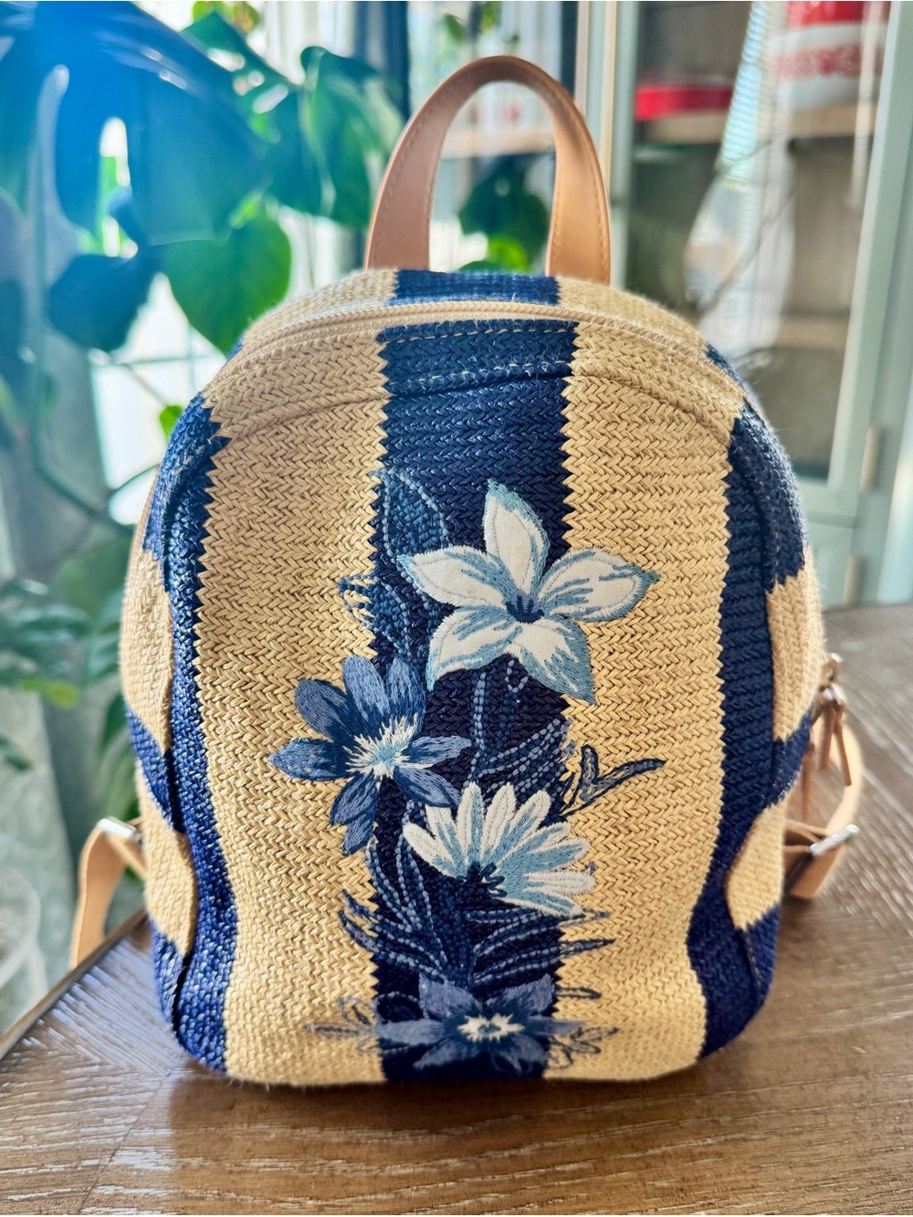 Vera Bradley Navy Strip Mini Straw Backpack Floral Flamingo Print Tropical Bag